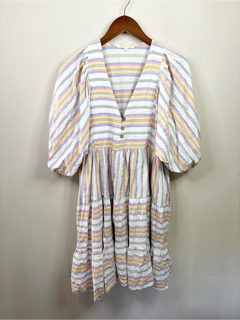 Label of Love striped puff sleeve tiered bohemian dress rainbow size M